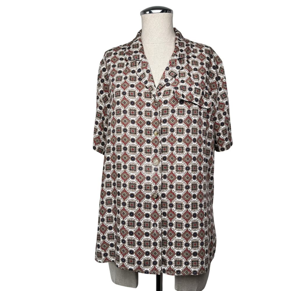 Vintage 90s Liz Claiborne Geometric Foulard Print Button Down Shirt Rayon